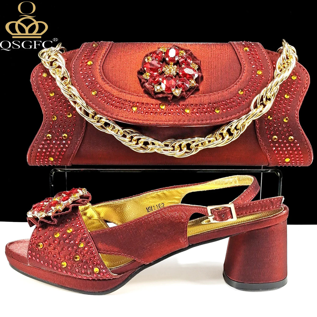 QSGFC Open Toe Women Heels for 2024 Elegant Party Olive Color Diamond Pumps Italian Shoes and Bags Matching Set
