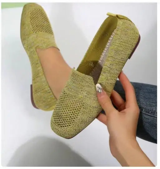 2024 Solid Color Square Toe Mesh Loafers Shallow Women Flats Shoes Soft Bottom Knit Ballet Flats Shoes Casual Slip on Boat Shoes