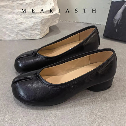 NEW Split Toe Tabi Shoes Size 43 Genuine Leather White Ballet Flats Women Low Heel Mary Janes Pumps Ballerinas Zapatos Mujer