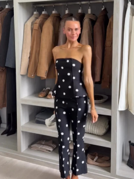 Polka Dot  Matching Set Ladies Back Zip Bandeau Peplum Blouse High Rise Ankle Length Flared Pants Evening Club Going Out Outfit