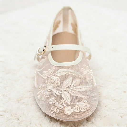 Embroidery Pearl Mesh Ballet Flats Women Fashion Hollow Round Toe Flat Sandals Elegant Comfortable Belt Buckle Mary Jane Shoes