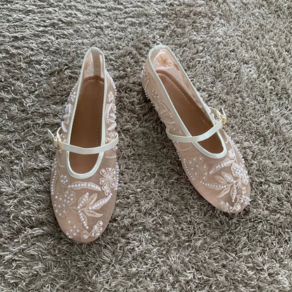 Mesh Embroidery String Bead Design Women Ballet Flats Fashion Buckle Breathable Mary Jane Shoe Comfort Low Heel Soft Flat Sandal