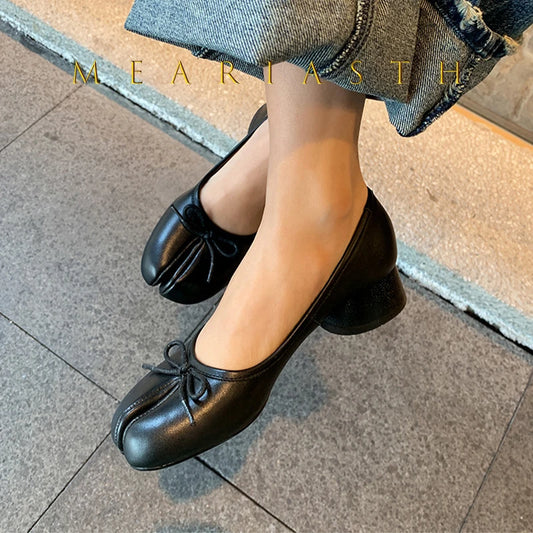 NEW Split Toe Tabi Shoes Size 43 Genuine Leather White Ballet Flats Women Low Heel Mary Janes Pumps Ballerinas Zapatos Mujer