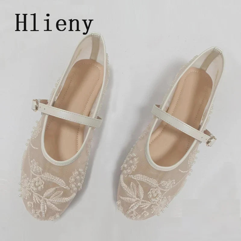 Women’s pearl mesh ballet flats with embroidered flowers and pearl details