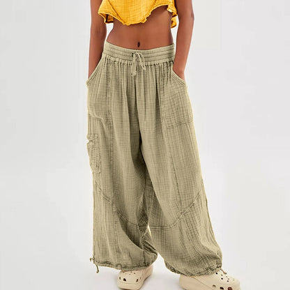 Beach Pants Linen Pants Women Wide Leg Harem Pants High Waist Button Drawstring Palazzo Pants Loose plus Size Pant with Pocket