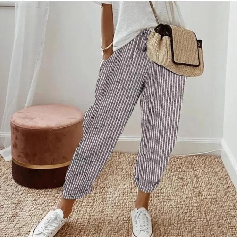 Women's Casual Striped Cotton Linen Pants Elastic Waist Loose Fit Cropped Trousers with Pockets Summer Beach Pants