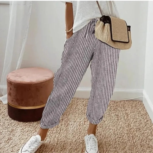 Women's Casual Striped Cotton Linen Pants Elastic Waist Loose Fit Cropped Trousers with Pockets Summer Beach Pants