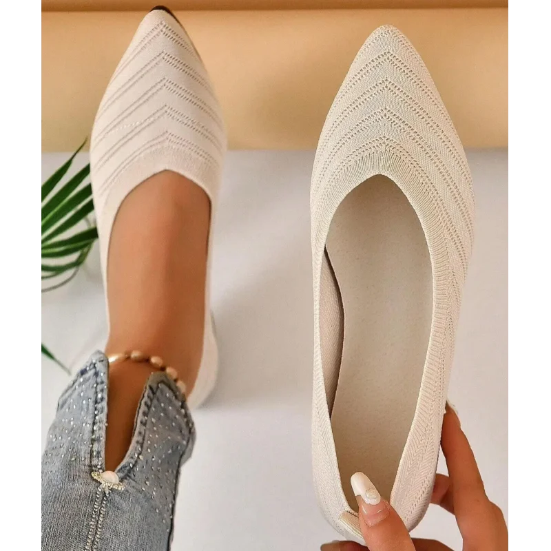Pointed Toe Flat Shoes Women Office Boat Solid Color Knitted Slip on Shoes Casual Breathable Ballet Flats Women Shoes Loafers