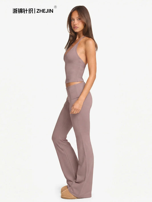 2 Piece Yoga Set Women Foldover Waist Flare Pants Bell Bottoms Tank Top Matching Set Gym Workout Fitness Wear Lounge Wear Suit