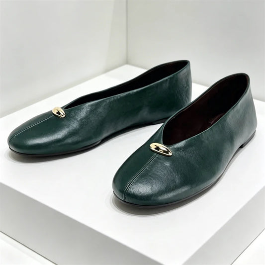 Luxury Metal Buckle Decoration Ballet Flats Women Green Leather Ballet Sneakers Light Soft Sole Comfortable Loafers for Ladies