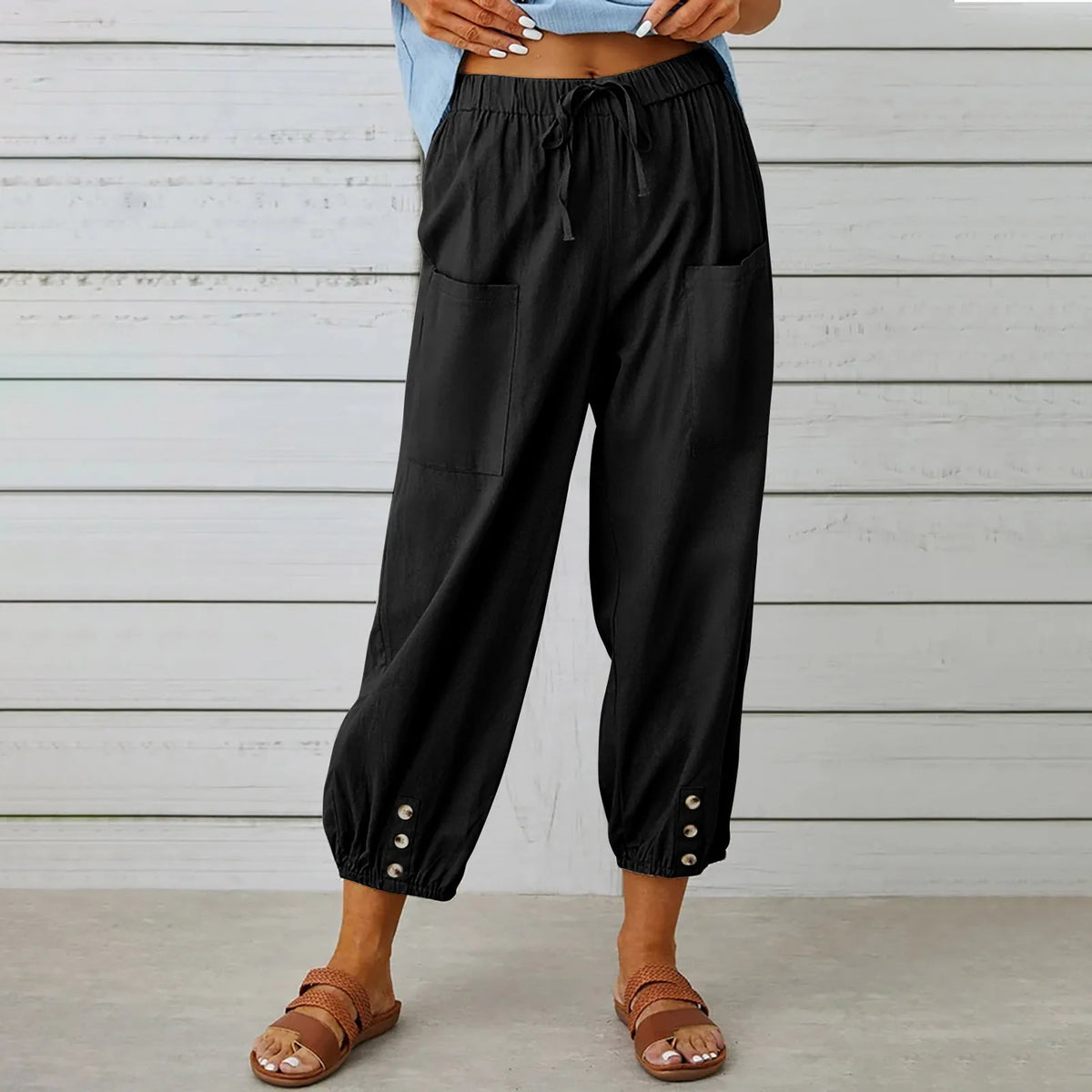 2024 New loose fitting high waisted button cotton and linen pants from Europe and America cropped pants wide leg women's pants