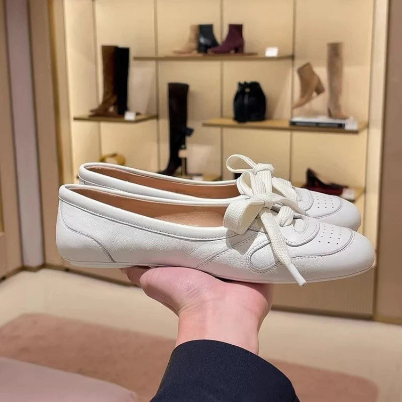 Women's Soft Ballet Flats Lace Up Bow Knot Slip On Loafers Comfortable Walking Round Toe Casual Shoes Spring Summer
