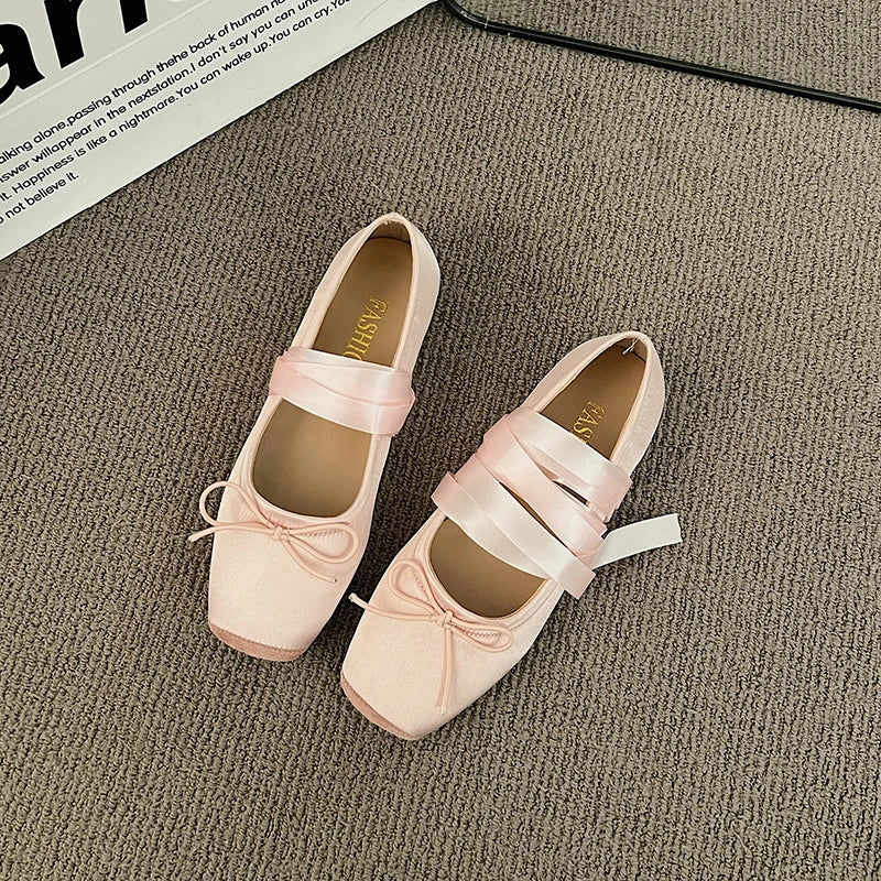 Luxury  Lace Tie Leg Satin Silk Ballet Flats Woman Square Toe Bowknot Elastic Band Ballerinas Ladies Wedding  Floral Shoes