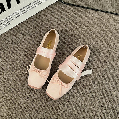 Luxury  Lace Tie Leg Satin Silk Ballet Flats Woman Square Toe Bowknot Elastic Band Ballerinas Ladies Wedding  Floral Shoes