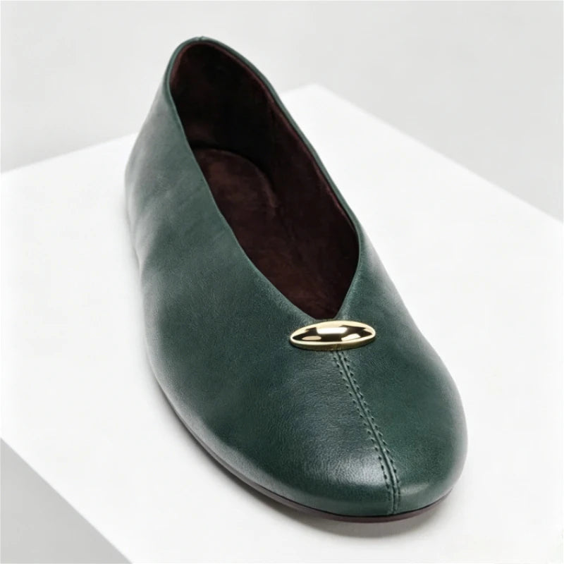 Luxury Metal Buckle Decoration Ballet Flats Women Green Leather Ballet Sneakers Light Soft Sole Comfortable Loafers for Ladies