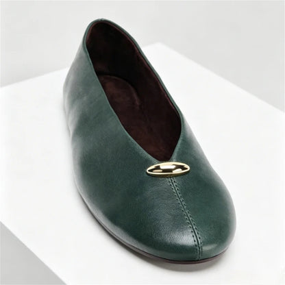 Luxury Metal Buckle Decoration Ballet Flats Women Green Leather Ballet Sneakers Light Soft Sole Comfortable Loafers for Ladies