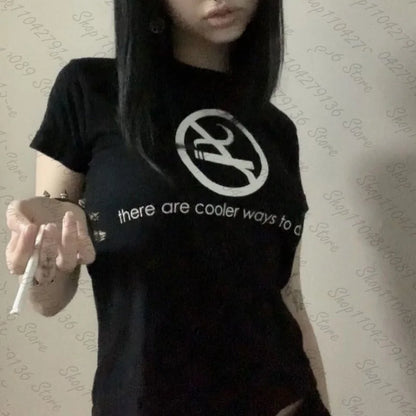 Y2k Style Goth Letter Print Vintage Street Women Grunge T-shirt Clothes Aesthetic 2000s Tops Cute Emo Girl Crop Slim Baby Tee