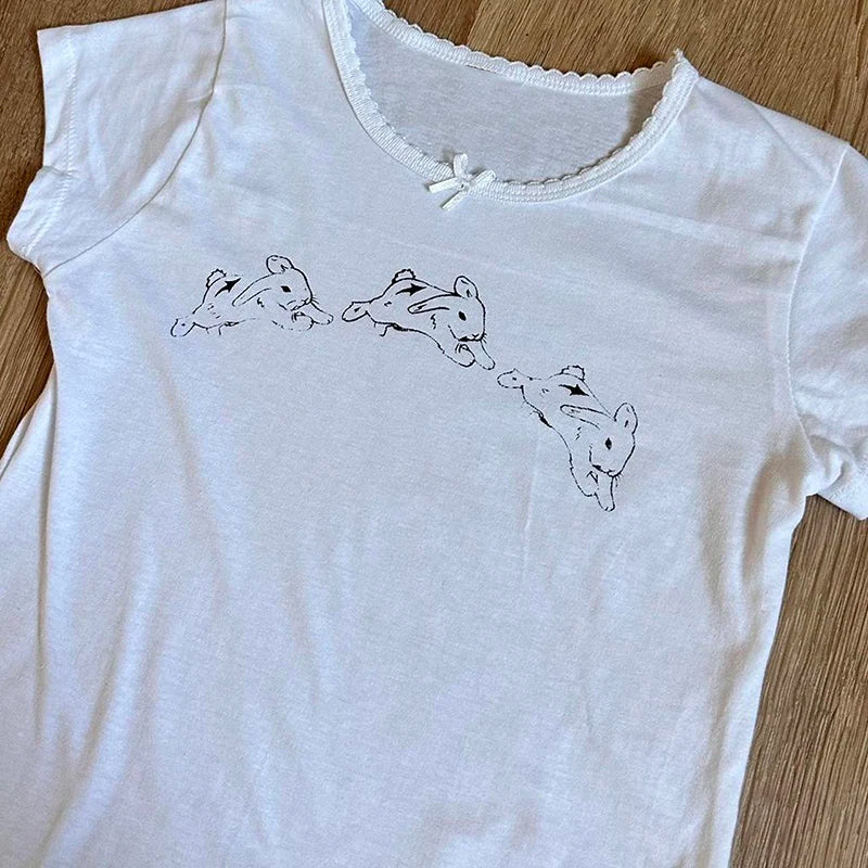Y2k Clothes Women's T-Shirt E-girl Baby Tee Slim Gothic Rabbit Print Streetwear Vintage Harajuku Punk Grunge Crop Top Casual
