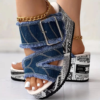 Women Sandals Casual Fashion Vacation Daily Shoes Women Summer New Buckled Denim Platform Wedge Sandals Women Zapatos De Mujer
