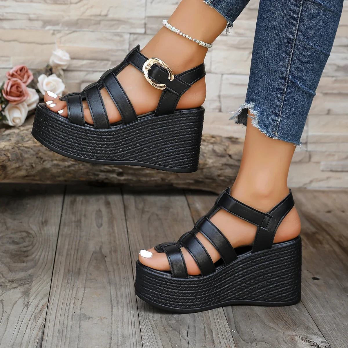 Summer Ankle Buckle Women Wedge Sandals Patchwork Platform Sandals Breathable Comfort Non-slip Soft Sole Gladiator Shoes Women