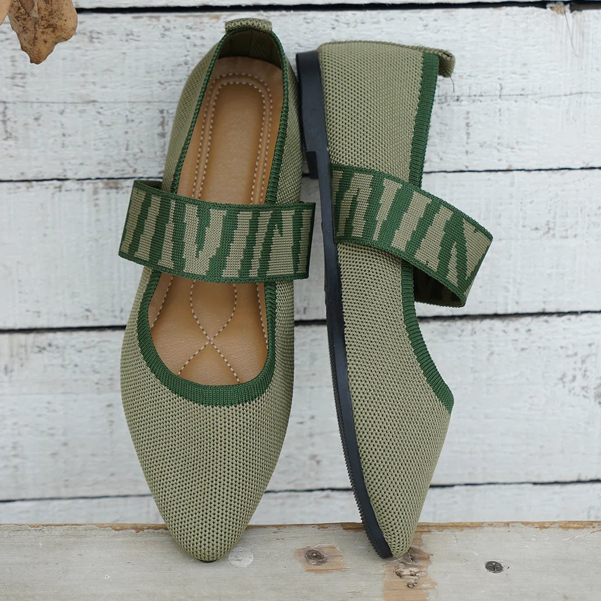 Knitted Color-block Women's Flat Shoes Dressy Ballet Flats Casual Striped Straps  Pointed Toe Loafers Female