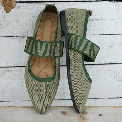 Knitted Color-block Women's Flat Shoes Dressy Ballet Flats Casual Striped Straps  Pointed Toe Loafers Female