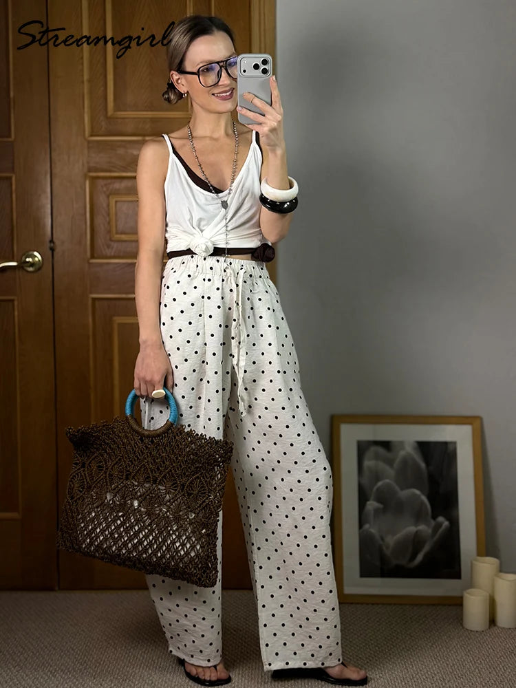 Black Polka Dot Linen Pants Women Wide Leg Summer Trousers Baggy For Ladies White Oversize Cotton Linen Pants Woman Wide