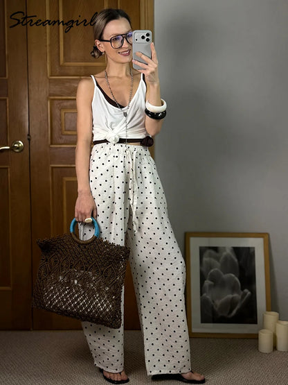 Black Polka Dot Linen Pants Women Wide Leg Summer Trousers Baggy For Ladies White Oversize Cotton Linen Pants Woman Wide
