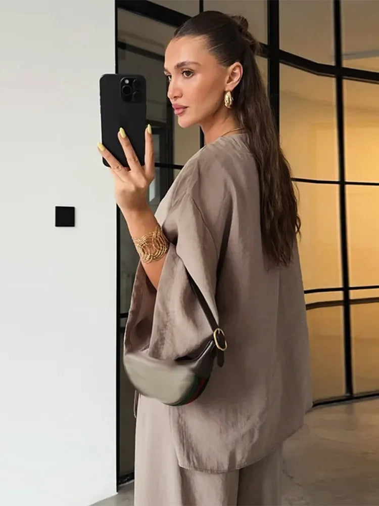 Casual Solid Cotton Linen Pants Suits Women Half Sleeve V Neck One Button Loose Top 2 Piece Set Female 2025 Daily Street Outfits