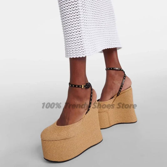 Straw Woven Wedge Sandals with Thick Sole Sponge Cake Ballet Round Toe Belt Buckle and Empty High Heels for Women