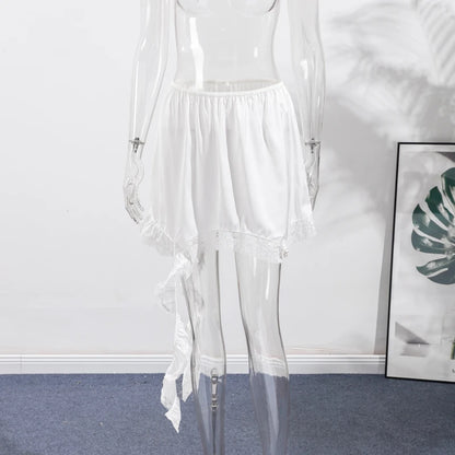 Sexy Women's Satin Sleeveless Bodysuit White Lace Hem Skirts 2025 Matching Set Chic Bodycon Deep V Open Back Top Female Outfit