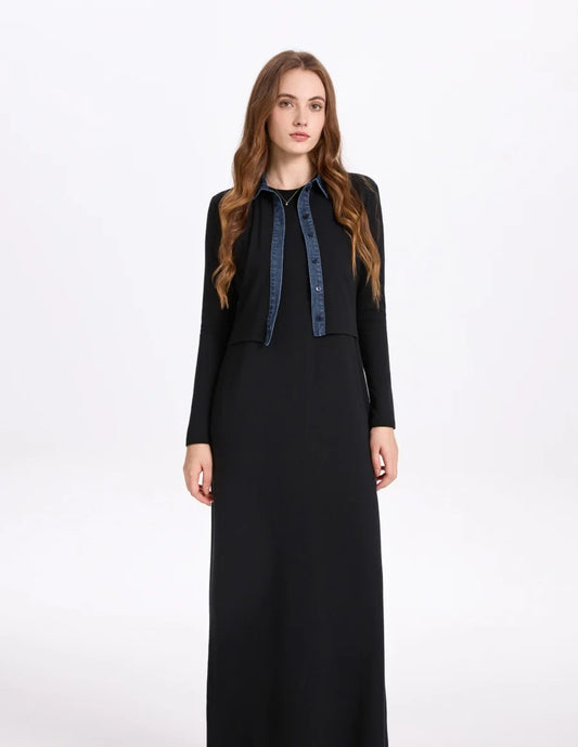AS AW25 new design ribbing cardigan with denim collar + sleeveless maxi dress matching set for woman clothes