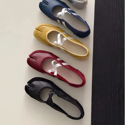 Split-Toe Casual Ballet Flats Shoes Women Pu Leather Cross Band Mary Janes Shoes Spring Autumn Streetwear Elegant Loafers New