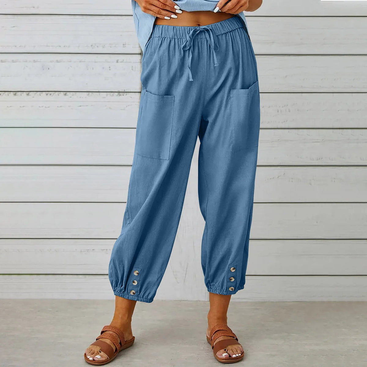 New loose fit high waisted buttoned cotton and linen pants, 9/10 Wide leg women's pants