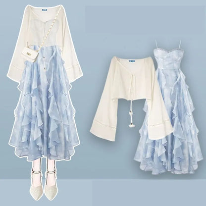 Women's Summer New Elegant Chiffon Sunscreen Shirt+Strap Skirt Two piece Suit 2026 Lady Korean Fashion Sexy Dress Matching Set