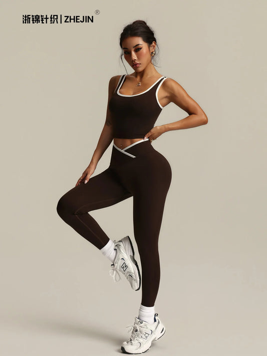 2 Piece Yoga Set Women Crossover V Waist Leggings Contrast Trim Sports Bra Gym Workout Matching Set Fitness Activewear Suit
