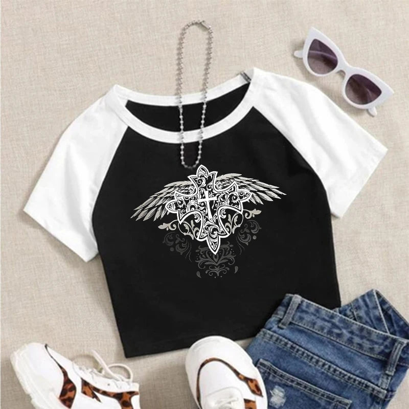 Y2k Streetwear Goth Harajuku T-shirt Fashion Vintage Aesthetic Versatile Crop Top Women Creative Comic Pattern Printing Baby Tee