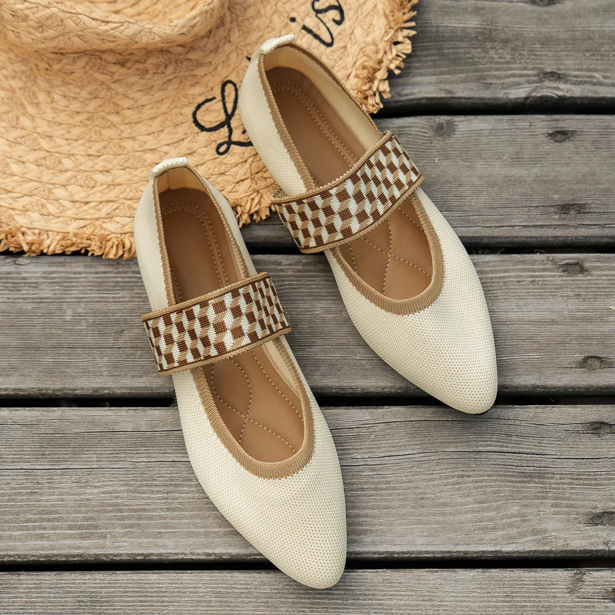 Knitted Color-block Women's Flat Shoes Dressy Ballet Flats Casual Striped Straps  Pointed Toe Loafers Female