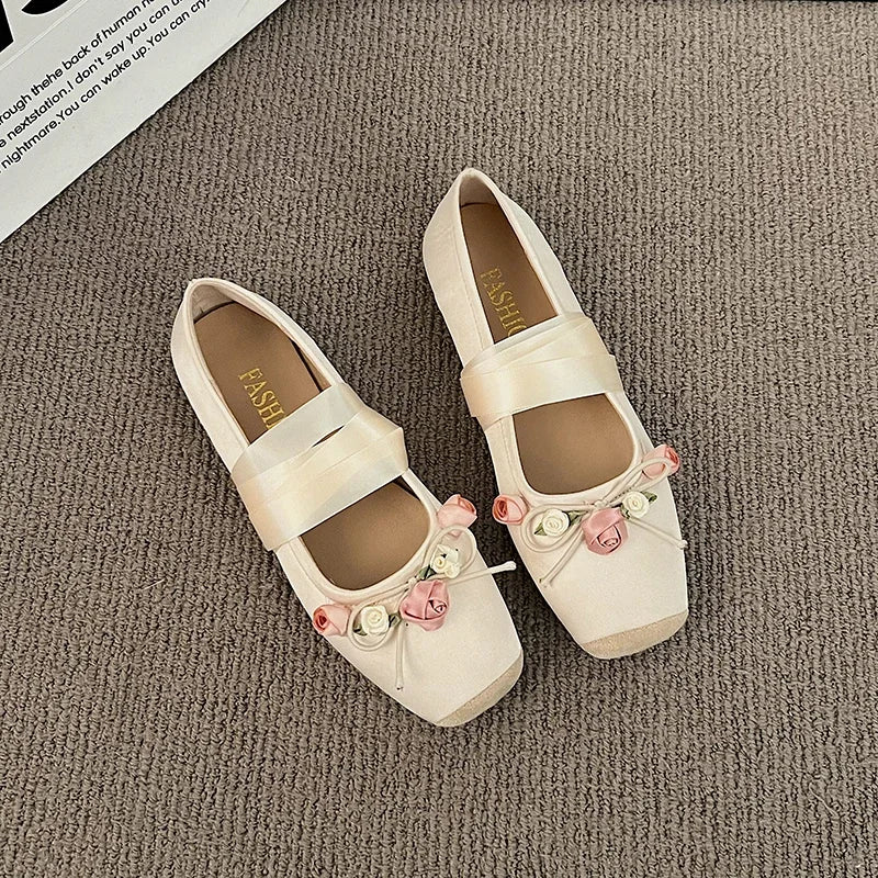 Luxury  Lace Tie Leg Satin Silk Ballet Flats Woman Square Toe Bowknot Elastic Band Ballerinas Ladies Wedding  Floral Shoes