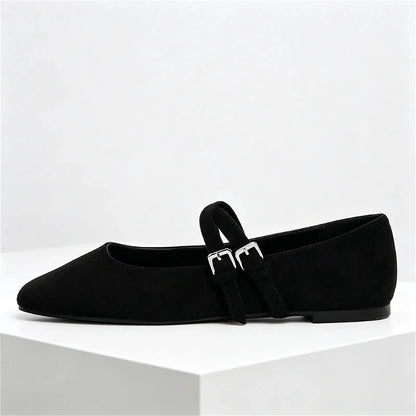 Black Round Toe Ballet Flats Women Fashion Double Buckle Design Elegant Mary Jane Shoes Comfort Shallow Designer Shoes Sandals