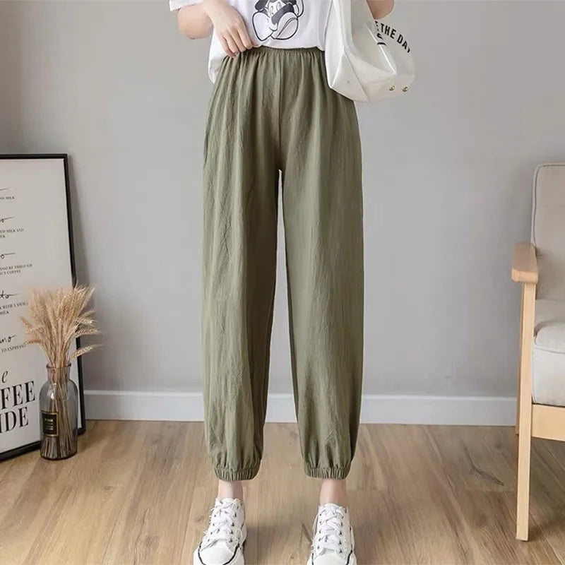 Women Casual Loose Cozy Harem Pants for 2026 New Summer Elastic Waist Beach Linen Pants Solid Color All-match Lantern Trousers
