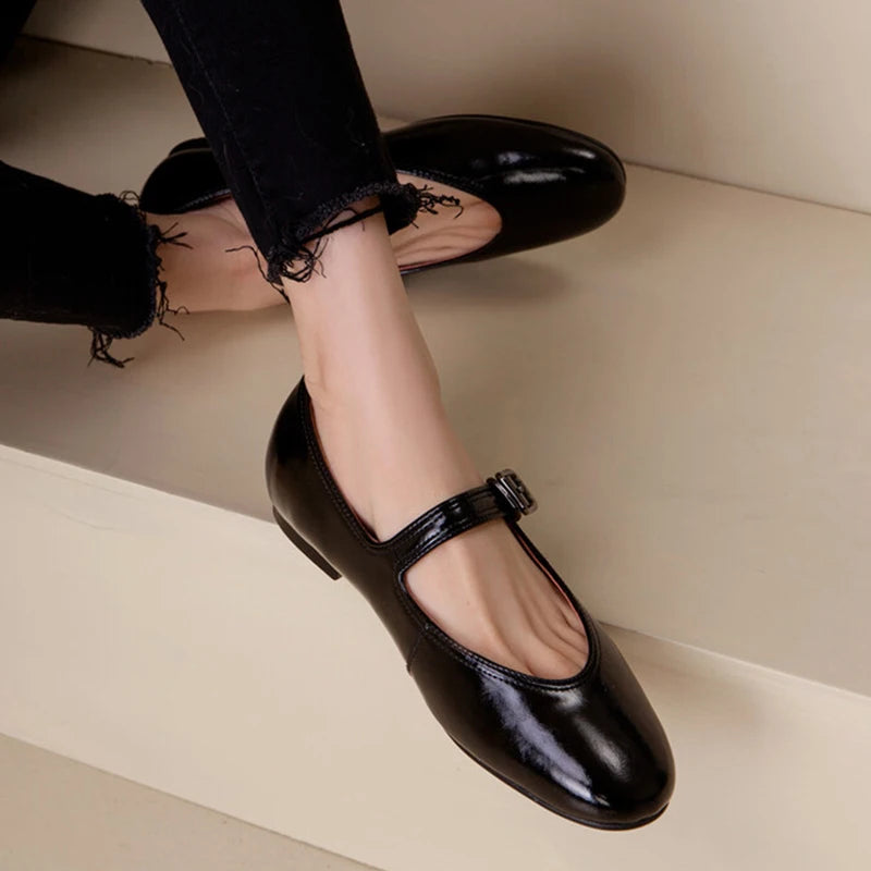 JOZHAMTA Size 33-42 Women Ballet Flats Shoes Real Leather Buckle Strap Casual Loafers Low Heels Luxury Mary Janes Office Lady