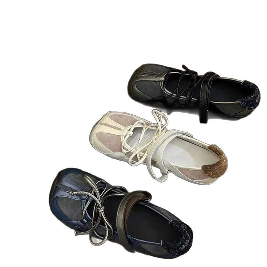 Women's ballet flats Fashion Korean ballet style lace-up retro casual shoes Comfortable lightweight ballet sneakers