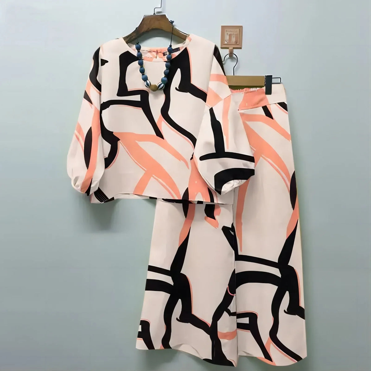 2024 Spring Autumn New Women's Fashion Geometric Printed Casual Matching Set Bohemian Top Wide Leg Pants 2-piece Set
