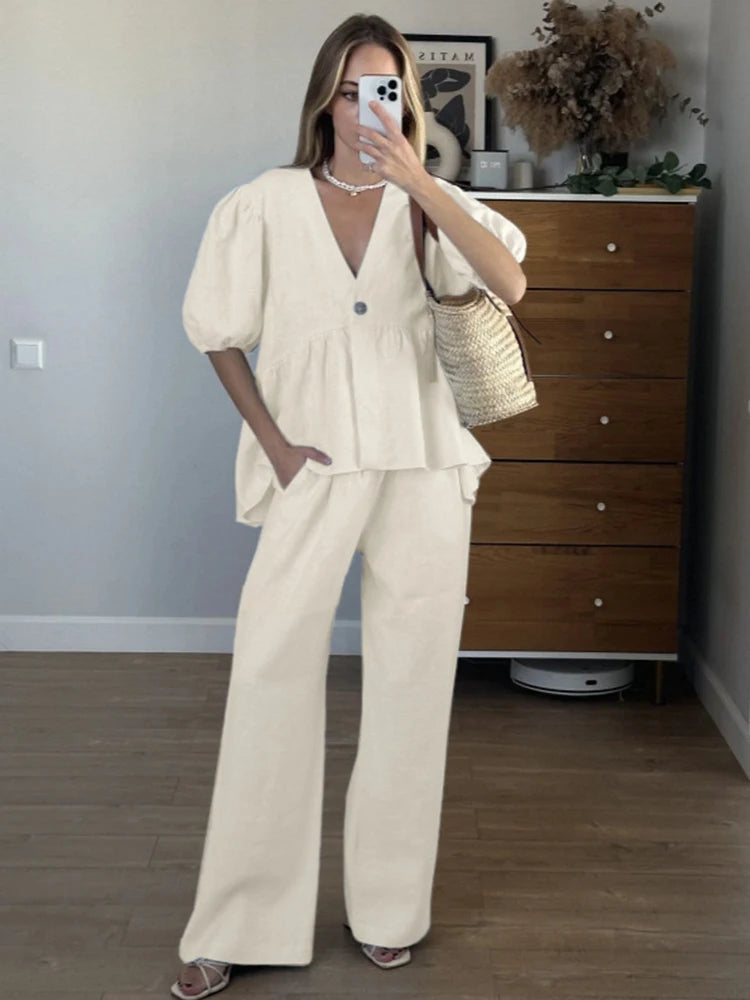Mumaroho 2025 Women Spring Summer Holiday Pant Set Suits Cotton Solid Outfits V-neck 2 Two Piece Matching Set For Women