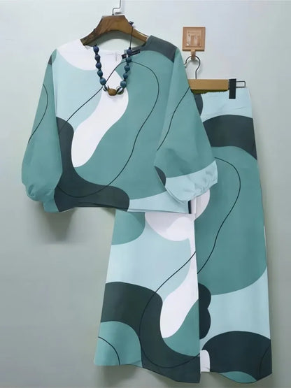 2024 Spring Autumn New Women's Fashion Geometric Printed Casual Matching Set Bohemian Top Wide Leg Pants 2-piece Set