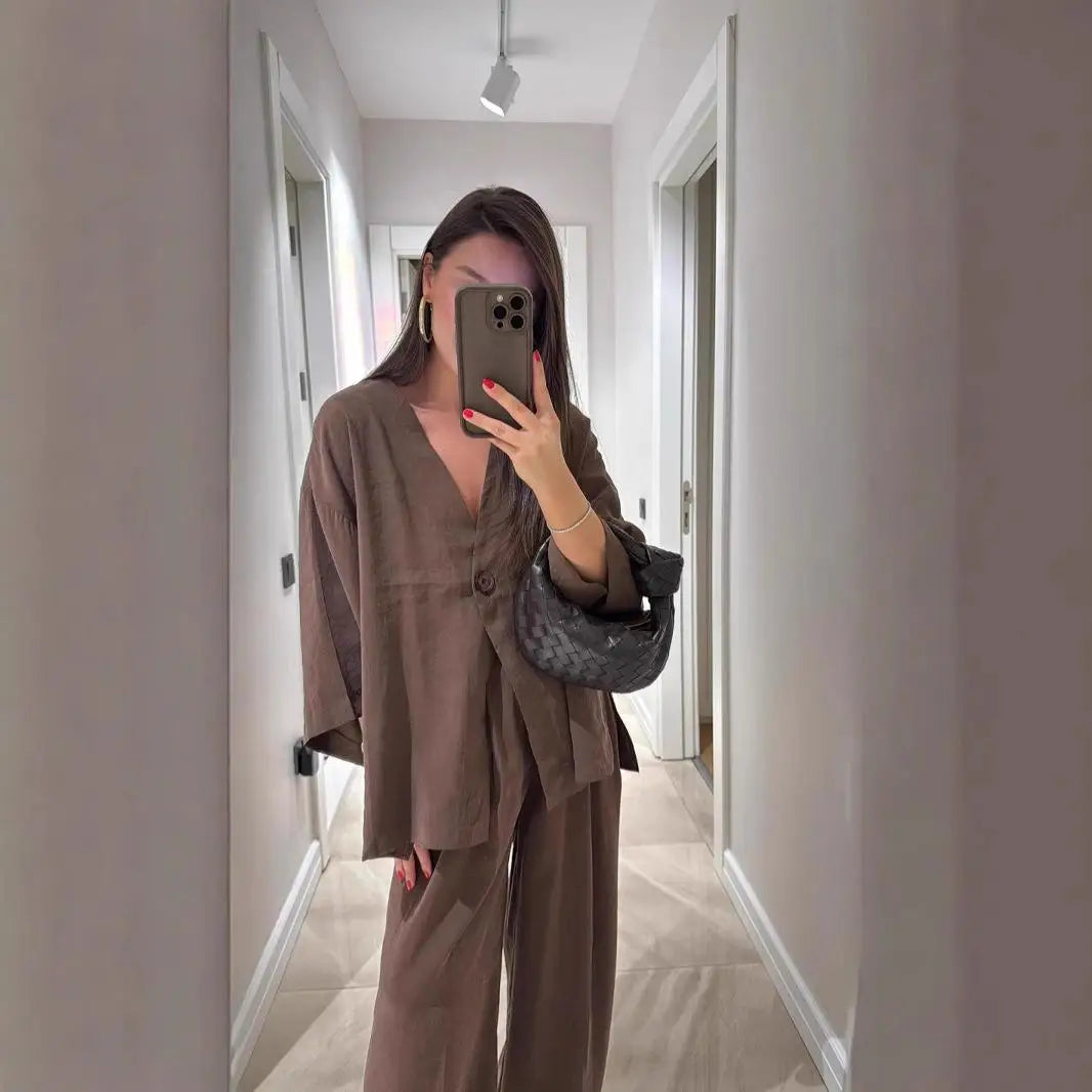 Casual Solid Cotton Linen Pants Suits Women Half Sleeve V Neck One Button Loose Top 2 Piece Set Female 2025 Daily Street Outfits