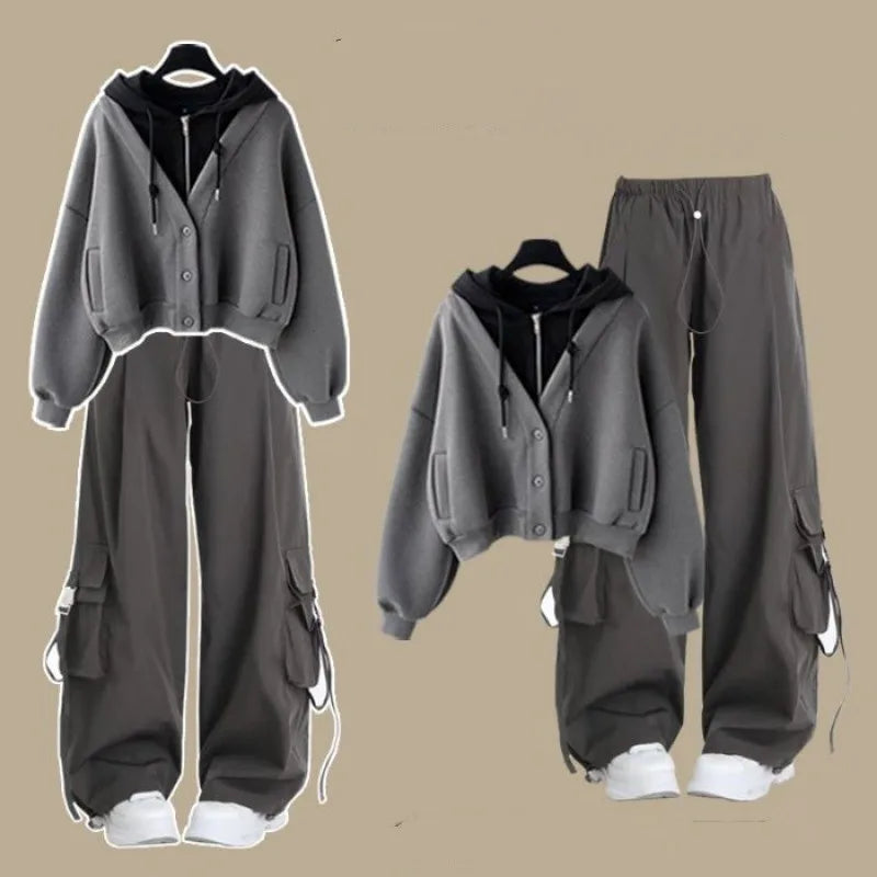 2026 Girl Spring Autumn New Casual Tracksuit Matching Set Korean Elegant Fake Two-piece Hooded Sweatshirt+Loose Cargo Pants Suit
