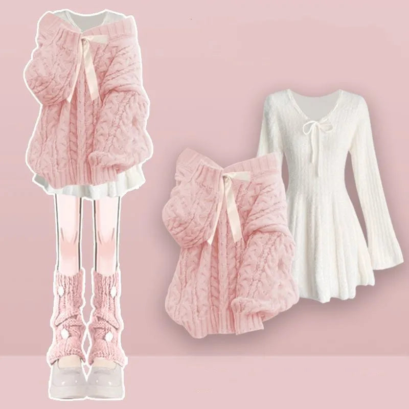 Women's 2026 Winter New Fashion Knitted Sweater Midi Skirt Matching Set Korean Elegant Pullover+Long-sleeve Dress Two Piece Suit