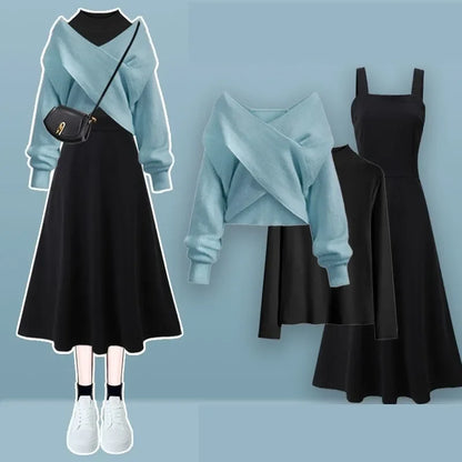 2026 Female Elegant Winter New Cross Knitted Sweater+Bottom Shirt+Black Strap Dress 3-Piece Suit Women Chic Hoodie Matching Set